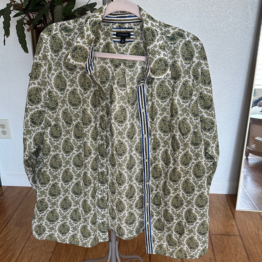 Talbots Green and White Paisley Button Down Shirt